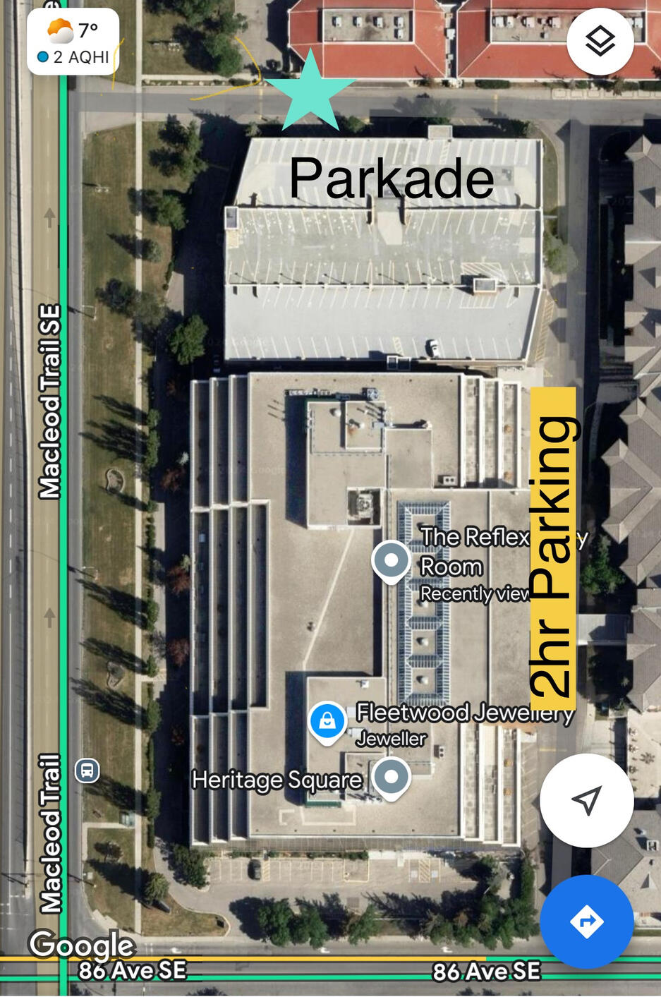 Map of office location in south Calgary Screenshot of Google map image of Heritage Square showing where free parking is available